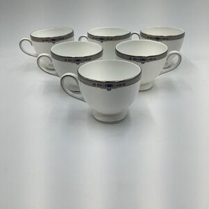 Wedgwood Bone China Tea Cups Set of 6‎ Grecian Key Silver Blue Trim England